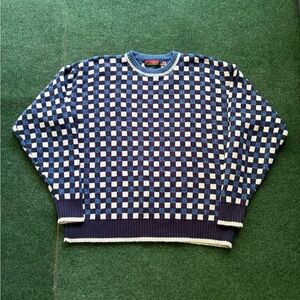 Jos. A. Bank Checkerboard Crewneck Sweater in Navy & Light Blue Made in USA